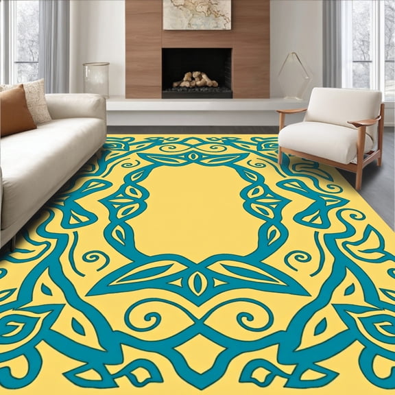 ODIKA 4'x6' Machine Washable Non-Slip Area Rug, Enchanted Forest Abstract Interlocking Maze Lattice High Traffic Rug, Yellow, 579569