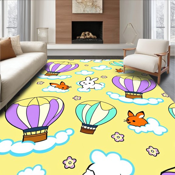 ODIKA 4'x6' Machine Washable Non-Slip Area Rug, Enchanted Forest Creatures Soaring Through Clouds Design High Traffic Rug, Yellow, 682550
