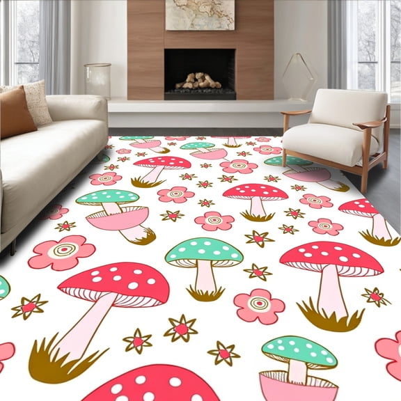 ODIKA 4x6 Machine Washable Non-Slip Area Rug, Enchanted Forest Fairy Tale with Whimsical Mushroom Motifs High Traffic Rug, Pink, 396240