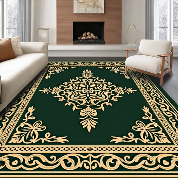 ODIKA 4'x6' Machine Washable Non-Slip Area Rug, Enchanted Forest Medallion Swirl Decorative Embellished Surface High Traffic Rug, Green, 579445