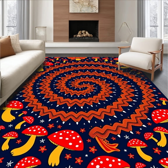 ODIKA 4'x6' Machine Washable Non-Slip Area Rug, Enchanted Forest Mushroom Fairy Garden Path High Traffic Rug, Navy Blue, 677362