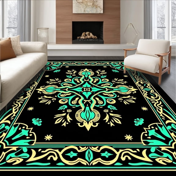 ODIKA 4x6 Machine Washable Non-Slip Area Rug, Enchanted Forest Tree Skirt with Intricate Celtic Knotwork Design High Traffic Rug, Black, 734025