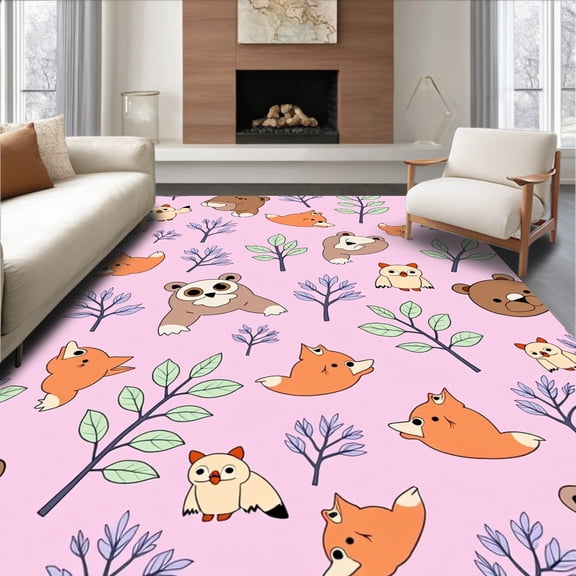 ODIKA 4'x6' Machine Washable Non-Slip Area Rug, Enchanted Forest Woodland Creatures with Bears and Foxes High Traffic Rug, Pink, 682508