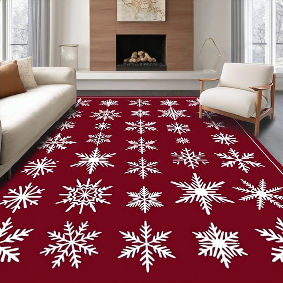 ODIKA 4'x6' Machine Washable Non-Slip Area Rug, Enchanted Frosty Crystal Celebration Seasonal Decorative Accent High Traffic Rug, Red, 732984