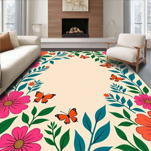 ODIKA 4'x6' Machine Washable Non-Slip Area Rug, Enchanted Garden Blooms with Dance Motifs High Traffic Rug, Pink, 489048