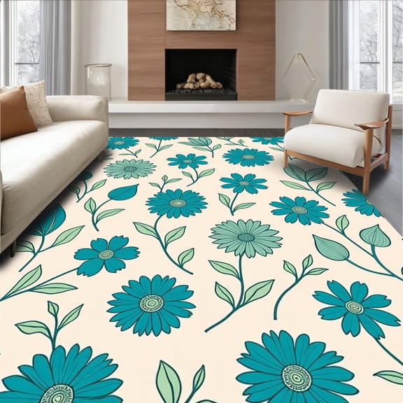 ODIKA 4'x6' Machine Washable Non-Slip Area Rug, Enchanted Garden Floral Symphony Petal Cascade High Traffic Rug, Beige, 466902