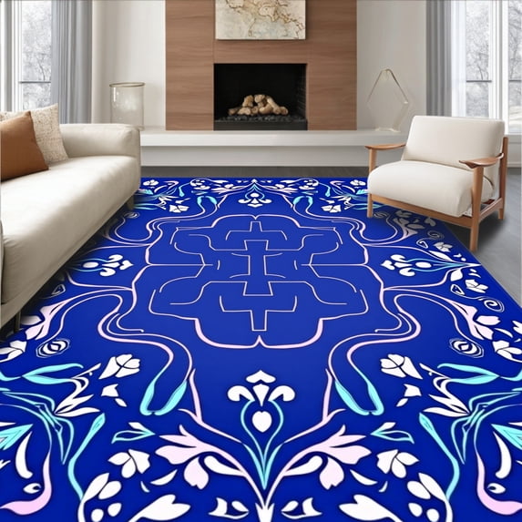 ODIKA 4'x6' Machine Washable Non-Slip Area Rug, Enchanted Garden Maze Ornamental Floral Decorative High Traffic Rug, Blue, 470292