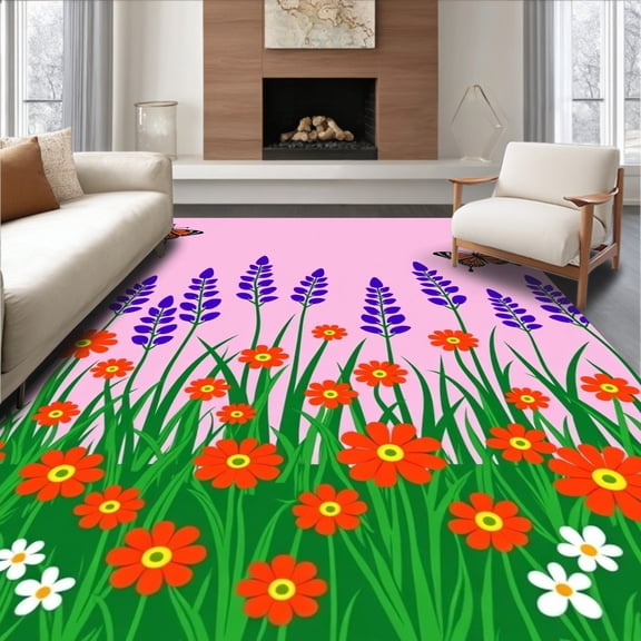 ODIKA 4'x6' Machine Washable Non-Slip Area Rug, Enchanted Garden Meadow Floral Creation High Traffic Rug, Green, 643018