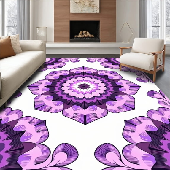 ODIKA 4'x6' Machine Washable Non-Slip Area Rug, Enchanted Garden Medallion Vintage Distressed Floral Motif High Traffic Rug, Purple, 564916
