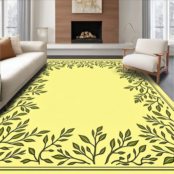 ODIKA 4'x6' Machine Washable Non-Slip Area Rug, Enchanted Garden Motif Heirloom Verdant Foliage Labyrinth High Traffic Rug, Yellow, 518966