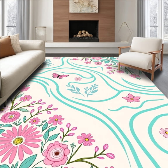 ODIKA 4x6 Machine Washable Non-Slip Area Rug, Enchanted Garden Pathway with Meadow Floral Motifs High Traffic Rug, Pink, 693063