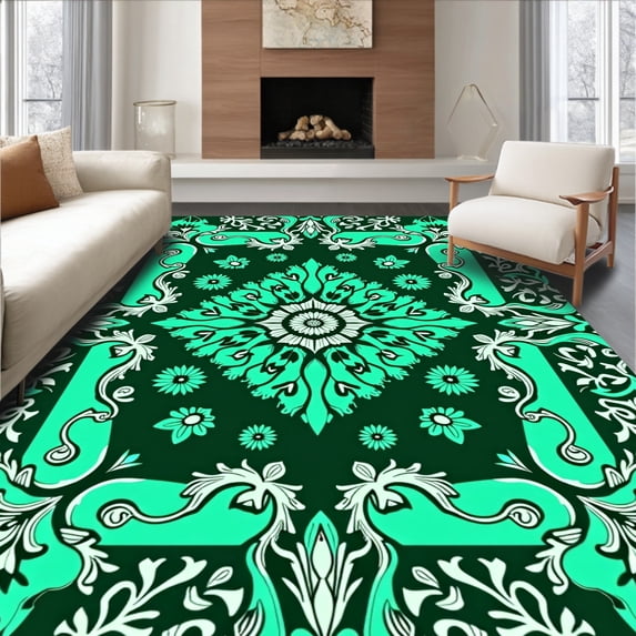 ODIKA 4'x6' Machine Washable Non-Slip Area Rug, Enchanted Garden Spiral Bloom Leafy Ornate High Traffic Rug with Pad, Green, 581335