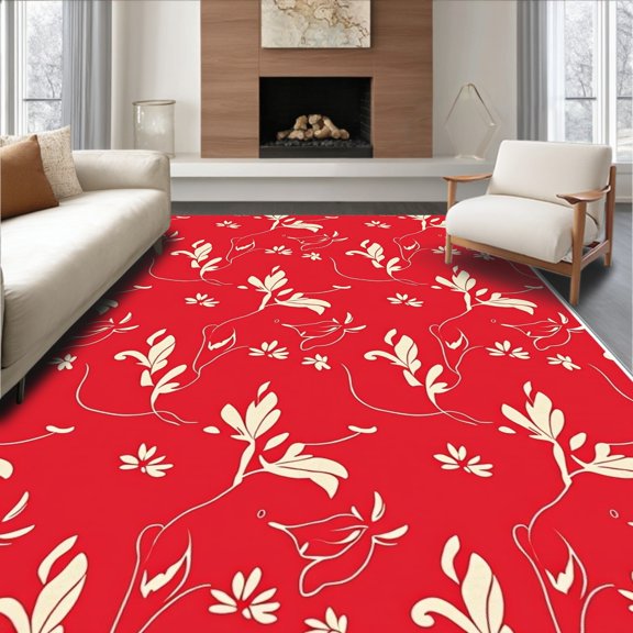 ODIKA 4'x6' Machine Washable Non-Slip Area Rug, Enchanted Garden with Flourishing Petals and Trails High Traffic Rug, Red, 489033