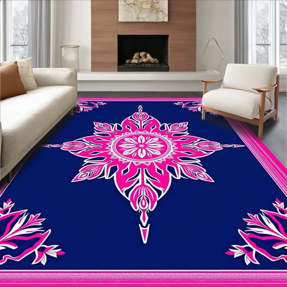 ODIKA 4'x6' Machine Washable Non-Slip Area Rug, Enchanted Glacial Medallion Design Featuring Stylized Icicle Flakes High Traffic Rug, Pink, 740872