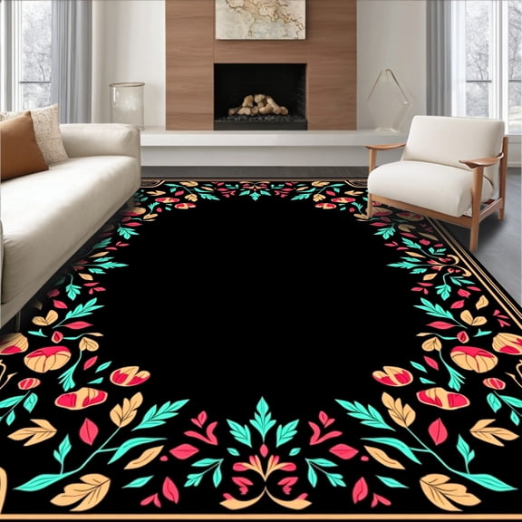 ODIKA 4'x6' Machine Washable Non-Slip Area Rug, Enchanted Grove Seasonal Botanical Pedestal Wrap High Traffic Rug, Black, 740518
