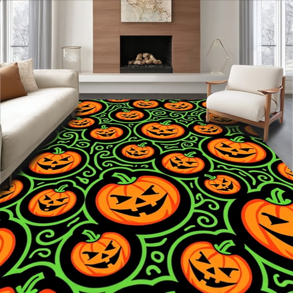 ODIKA 4'x6' Machine Washable Non-Slip Area Rug, Enchanted Jack O Lantern Mosaic with Twisting Vine Accents High Traffic Rug, Orange, 738805