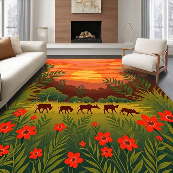 ODIKA 4'x6' Machine Washable Non-Slip Area Rug, Enchanted Jungle Safari Adventure Pathway Decorative Floor Covering High Traffic Rug with Pad, Orange, 511559