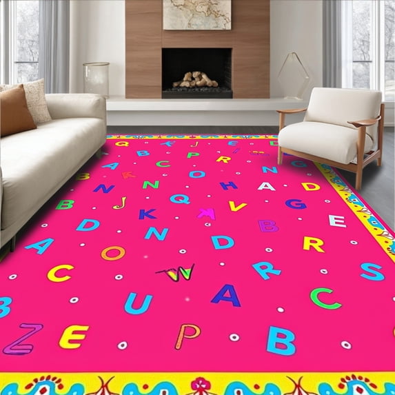 ODIKA 4'x6' Machine Washable Non-Slip Area Rug, Enchanted Learning Alphabet Educational Wonderland Nursery High Traffic Rug, Pink, 687443