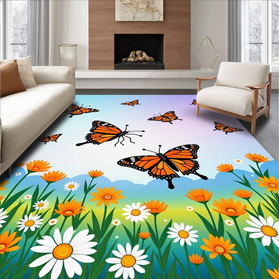 ODIKA 4'x6' Machine Washable Non-Slip Area Rug, Enchanted Meadow Blossom Artistic Tapestry High Traffic Rug with Pad, Orange, 663398