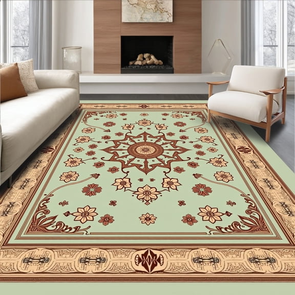 ODIKA 4x6 Machine Washable Non-Slip Area Rug, Enchanted Meadow Blossom Damask Revival Tapestry High Traffic Rug, Green, 663689