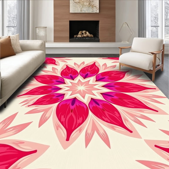 ODIKA 4'x6' Machine Washable Non-Slip Area Rug, Enchanted Meadow Petal Burst with Ombre High Traffic Rug, Pink, 474481