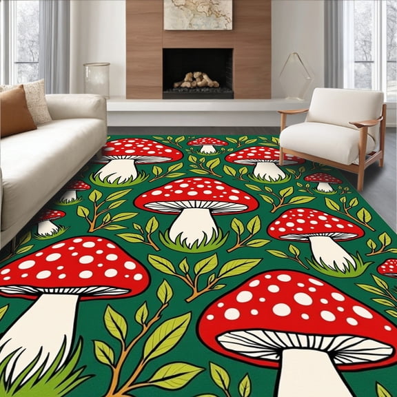 ODIKA 4x6 Machine Washable Non-Slip Area Rug, Enchanted Mushroom Forest Latch Hook Tapestry DIY Project High Traffic Rug, Red, 655132