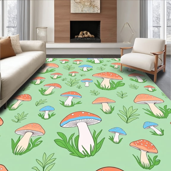 ODIKA 4'x6' Machine Washable Non-Slip Area Rug, Enchanted Mushroom Forest Whimsical Fairy Tale Illustration High Traffic Rug, Green, 459546