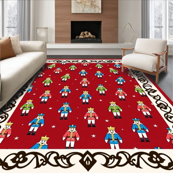 ODIKA 4'x6' Machine Washable Non-Slip Area Rug, Enchanted Nutcracker Parade Whimsical Seasonal Entrance High Traffic Rug, Red, 609862