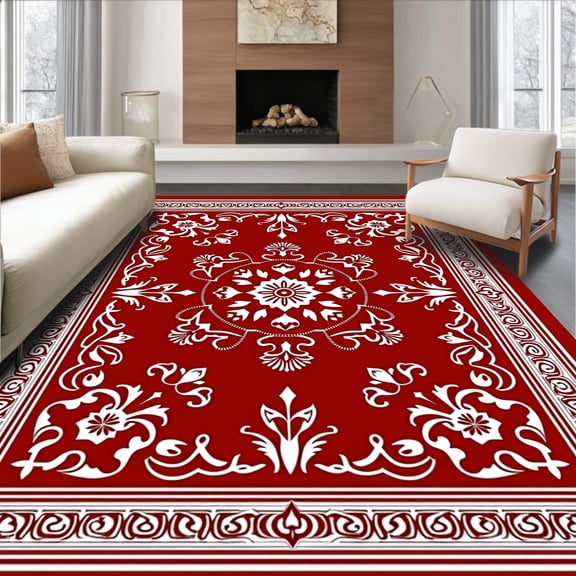 ODIKA 4'x6' Machine Washable Non-Slip Area Rug, Enchanted Palace Botanical Scrollwork Heirloom High Traffic Rug, Red, 665709