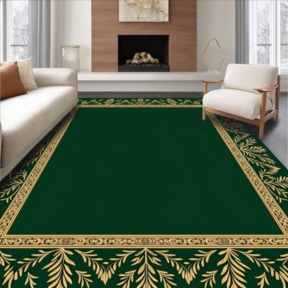 ODIKA 4'x6' Machine Washable Non-Slip Area Rug, Enchanted Pine Branch Accent with Magical Forest Holiday Theme High Traffic Rug, Green, 663065