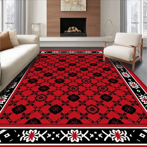 ODIKA 4'x6' Machine Washable Non-Slip Area Rug, Enchanted Pinewood Quilted Harvest Festival Pathway Charm High Traffic Rug with Pad, Red, 651634