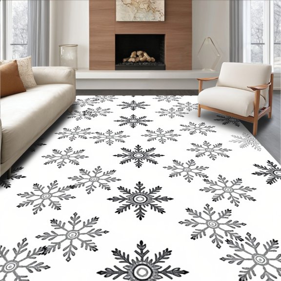 ODIKA 4x6 Machine Washable Non-Slip Area Rug, Enchanted Snowflake Wonderland Festive Holiday Sequin Embellished High Traffic Rug, Black, 655032