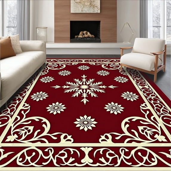 ODIKA 4'x6' Machine Washable Non-Slip Area Rug, Enchanted Stardust Lattice with Intertwined Festive Motifs and Baroque Scrolls High Traffic Rug, Red, 604150