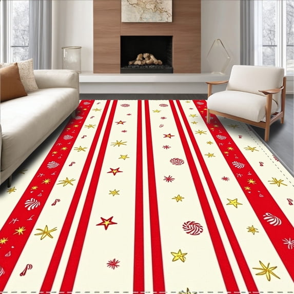 ODIKA 4'x6' Machine Washable Non-Slip Area Rug, Enchanted Starlight Cane Stripe Yuletide Magic High Traffic Rug, Red, 655824