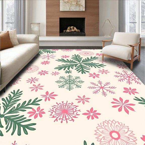 ODIKA 4'x6' Machine Washable Non-Slip Area Rug, Enchanted Sugar Plum Wonderland Design Floor Duo High Traffic Rug, Pink, 635166