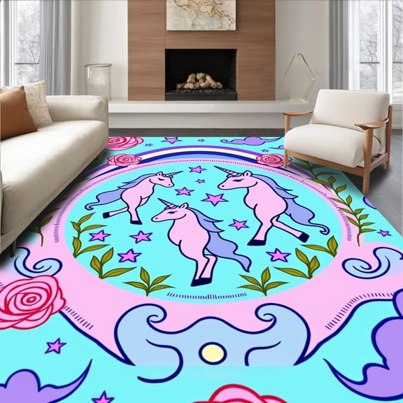 ODIKA 4x6 Machine Washable Non-Slip Area Rug, Enchanted Unicorn Fantasy Floral Dreamy Sparkle Magical Wonderland High Traffic Rug, Pink, 722409