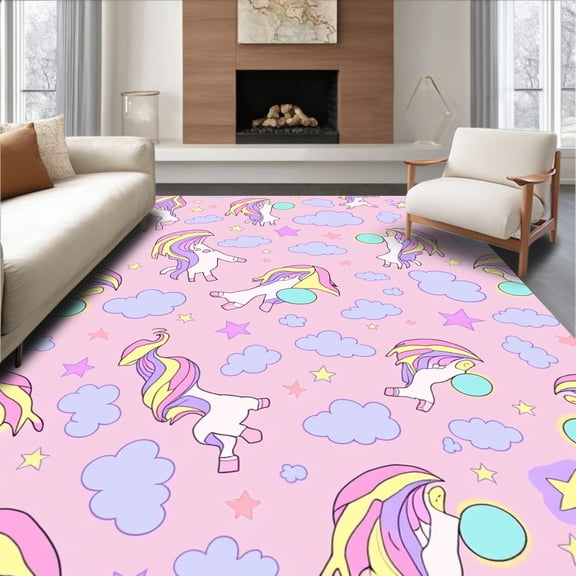 ODIKA 4x6 Machine Washable Non-Slip Area Rug, Enchanted Unicorn Wonderland Magical Fantasy Dreamy Whimsical Art High Traffic Rug, Pink, 722377