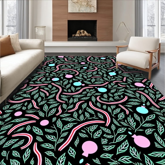 ODIKA 4'x6' Machine Washable Non-Slip Area Rug, Enchanted Winter Garden with Cane Branches and Bauble Clusters High Traffic Rug with Pad, Black, 629138