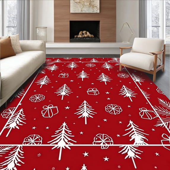 ODIKA 4'x6' Machine Washable Non-Slip Area Rug, Enchanted Winter Wonderland Fir Tapestry High Traffic Rug with Pad, Red, 605896