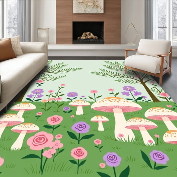 ODIKA 4'x6' Machine Washable Non-Slip Area Rug, Enchanted Woodland Garden with Mushroom and Flourishing Florals High Traffic Rug, Green, 467969