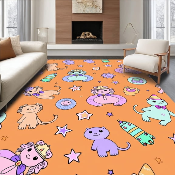 ODIKA 4'x6' Machine Washable Non-Slip Area Rug, Enchanted Zoo Magical Animal Fantasy Wonderland Motif High Traffic Rug, Orange, 723411