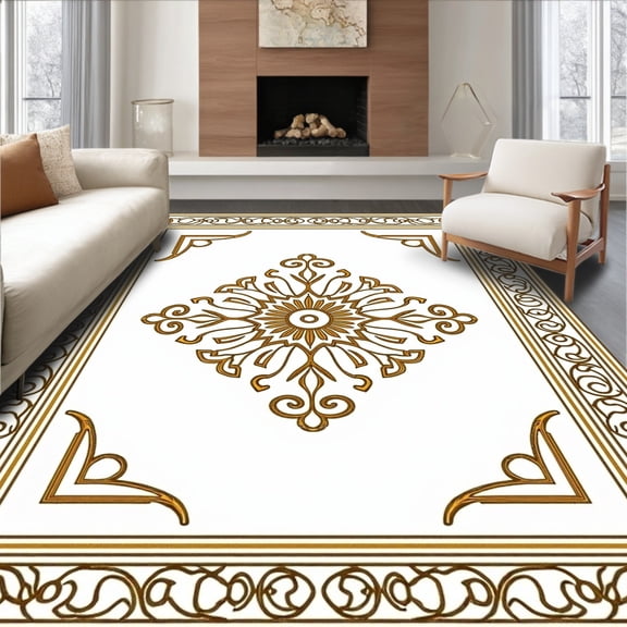 ODIKA 4'x6' Machine Washable Non-Slip Area Rug, Enchanting Labyrinth High Traffic Rug, Gold, 581897