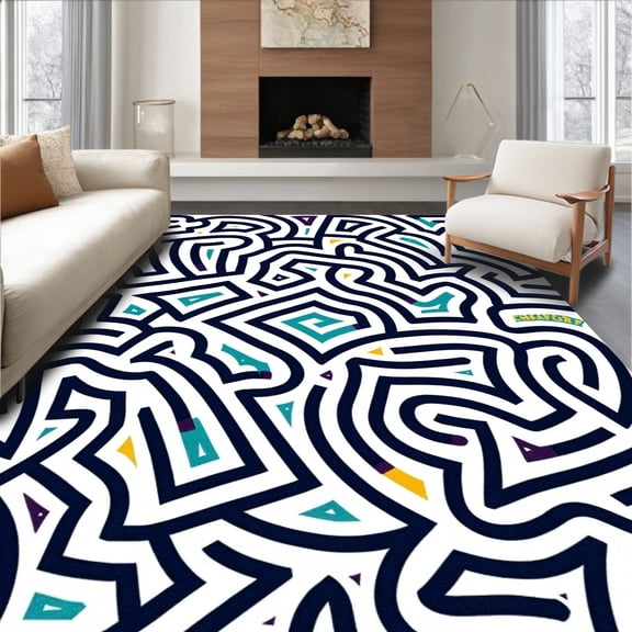ODIKA 4'x6' Machine Washable Non-Slip Area Rug, Enchanting Maze Labyrinth Decorative Artistic Masterwork High Traffic Rug, Black, 498873