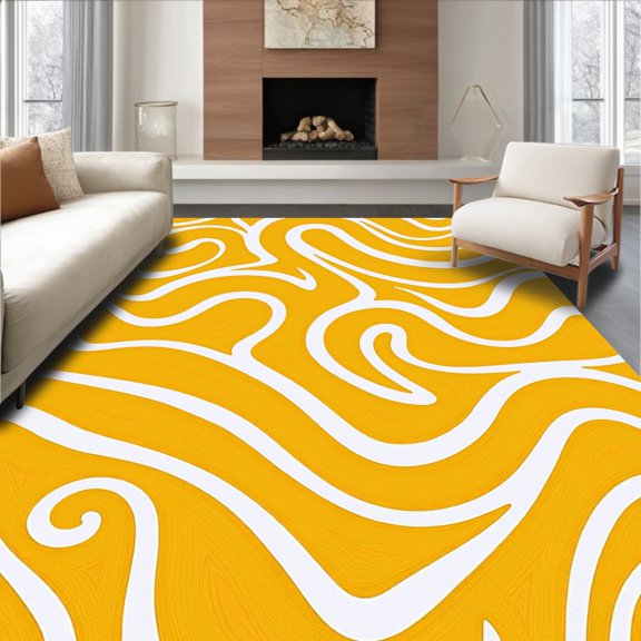 ODIKA 4'x6' Machine Washable Non-Slip Area Rug, Enchanting Swirl Cascade Distinctive Artisanal Creation High Traffic Rug, Yellow, 488816