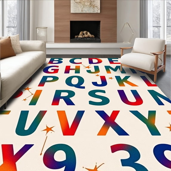 ODIKA 4'x6' Machine Washable Non-Slip Area Rug, Engaging ABC Study Guide With Multicolored Celestial High Traffic Rug, Orange, 693872