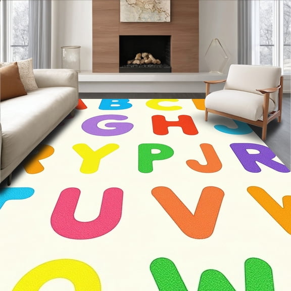 ODIKA 4'x6' Machine Washable Non-Slip Area Rug, Engaging Preschool Literacy Training Surface With Multicolored Text High Traffic Rug, Orange, 689999