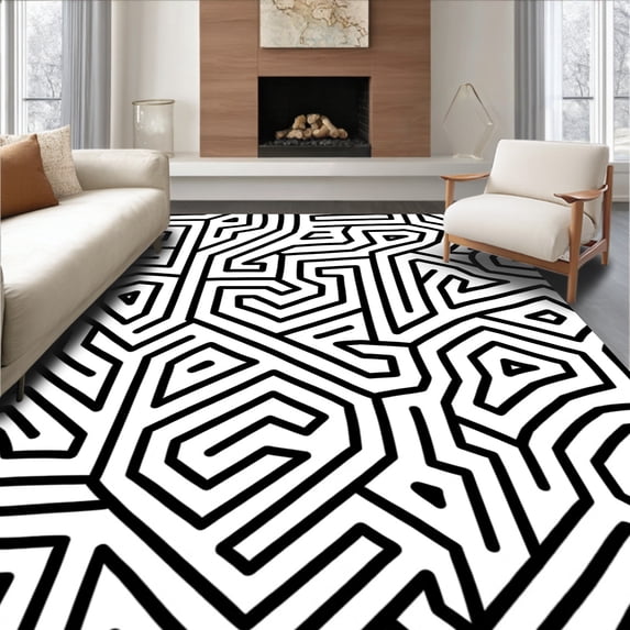 ODIKA 4'x6' Machine Washable Non-Slip Area Rug, Enigmatic Shadow Maze Artistic Decoration High Traffic Rug, Black, 474042