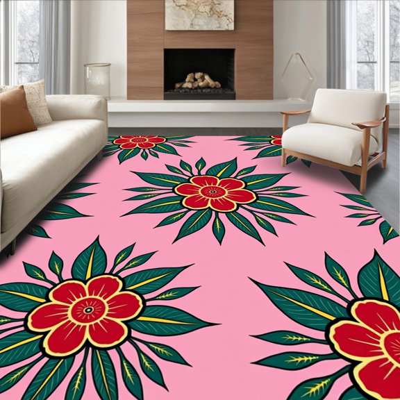 ODIKA 4'x6' Machine Washable Non-Slip Area Rug, Equatorial Wilderness Medallion with Exotic Bloom Arrangements High Traffic Rug, Pink, 576602