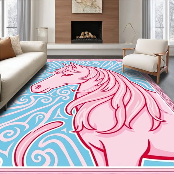 ODIKA 4'x6' Machine Washable Non-Slip Area Rug, Equestrian Dream Handcraft Yarn Canvas Artwork High Traffic Rug, Pink, 635447