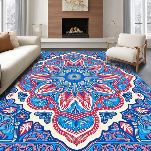 ODIKA 4'x6' Machine Washable Non-Slip Area Rug, Ethereal Dreamcatcher Sanctuary Meditation Retreat High Traffic Rug with Pad, Blue, 706790